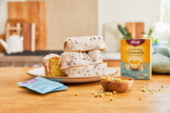 Chamomile Lavender Tea Cake with a carton of Yogi Comforting Chamomile