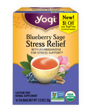 Yogi Blueberry Sage Stress Relief tea carton