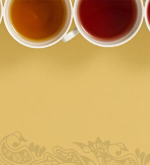 A gradient of tea shades in white cups against a warm beige background with subtle tea-related illustrations at the bottom.